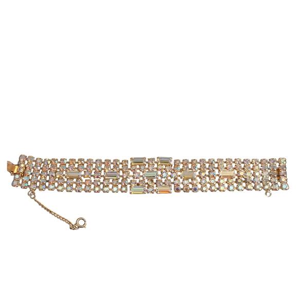 Vintage 1960s Unsigned Aurora Borealis Crystal Gold Tone Wide Bracelet W/ Safety - Picture 4 of 16